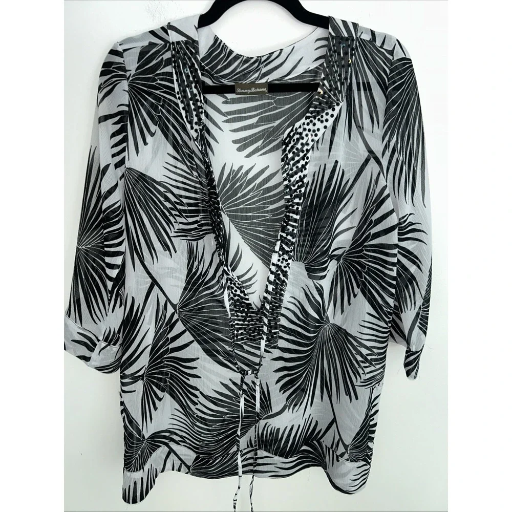 Tommy Bahama Swim Cover-Up One-Size-Fits-All‎ V-Neck Sequence Sheer Black White